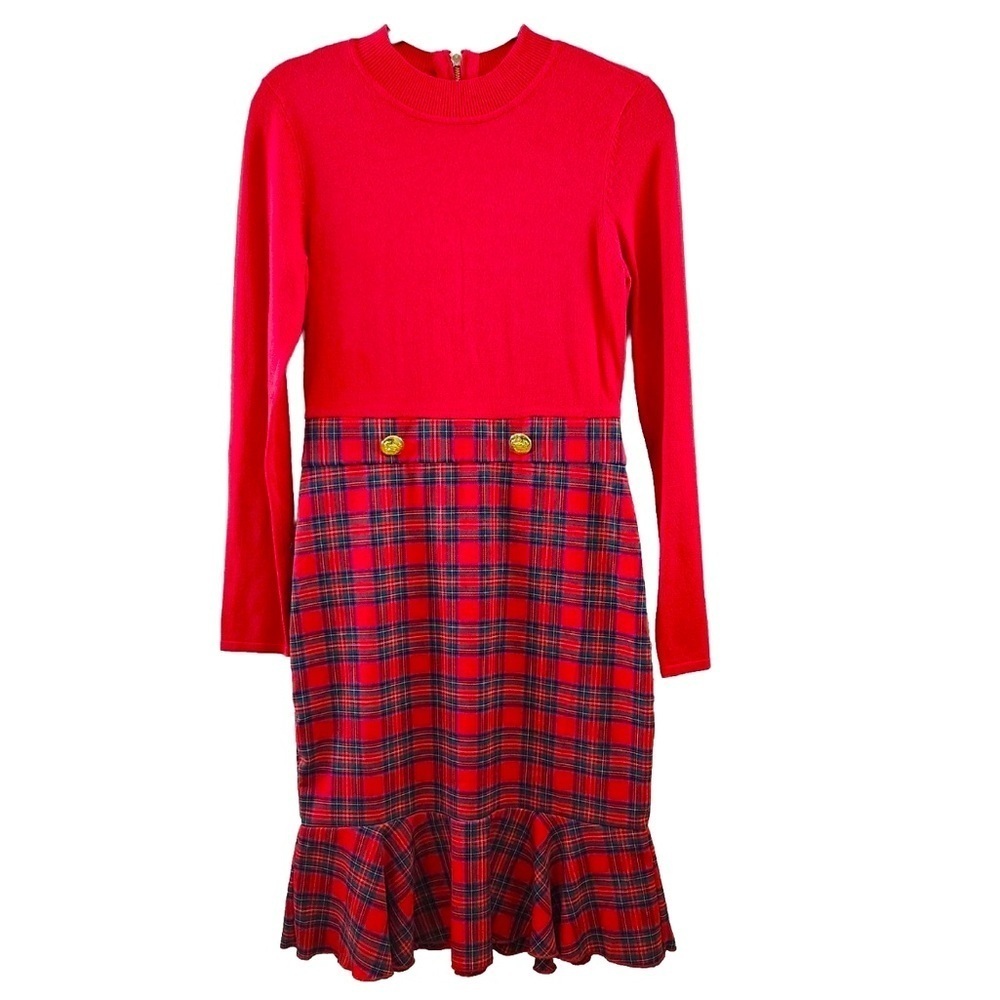 Venus Dress Size 14 Long Sleeve Red Tartan Plaid Gold Buttons Ruffled Flounce